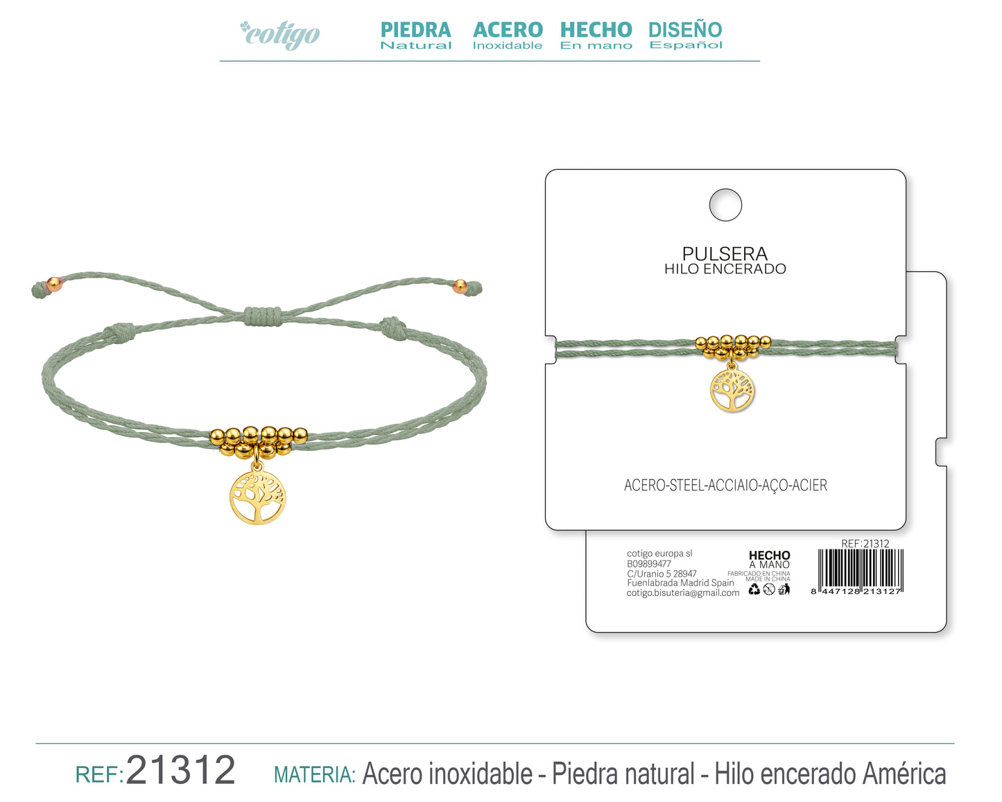 Pulsera Hilo encerado con Colgante Arbol de Vida en Acero Dorado