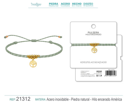 Pulsera Hilo encerado con Colgante Arbol de Vida en Acero Dorado