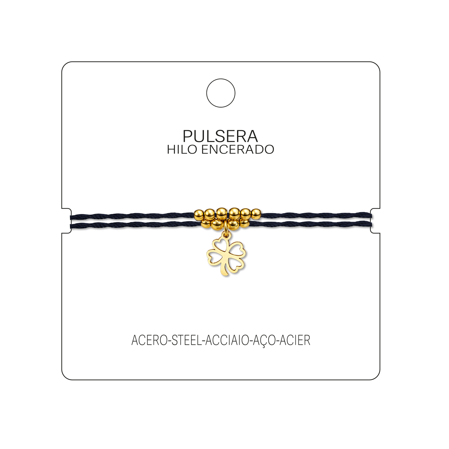 Pulsera Hilo encerado con Colgante Trebol en Acero Dorado cotigo