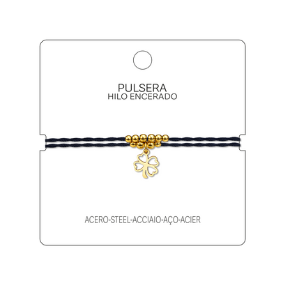 Pulsera Hilo encerado con Colgante Trebol en Acero Dorado