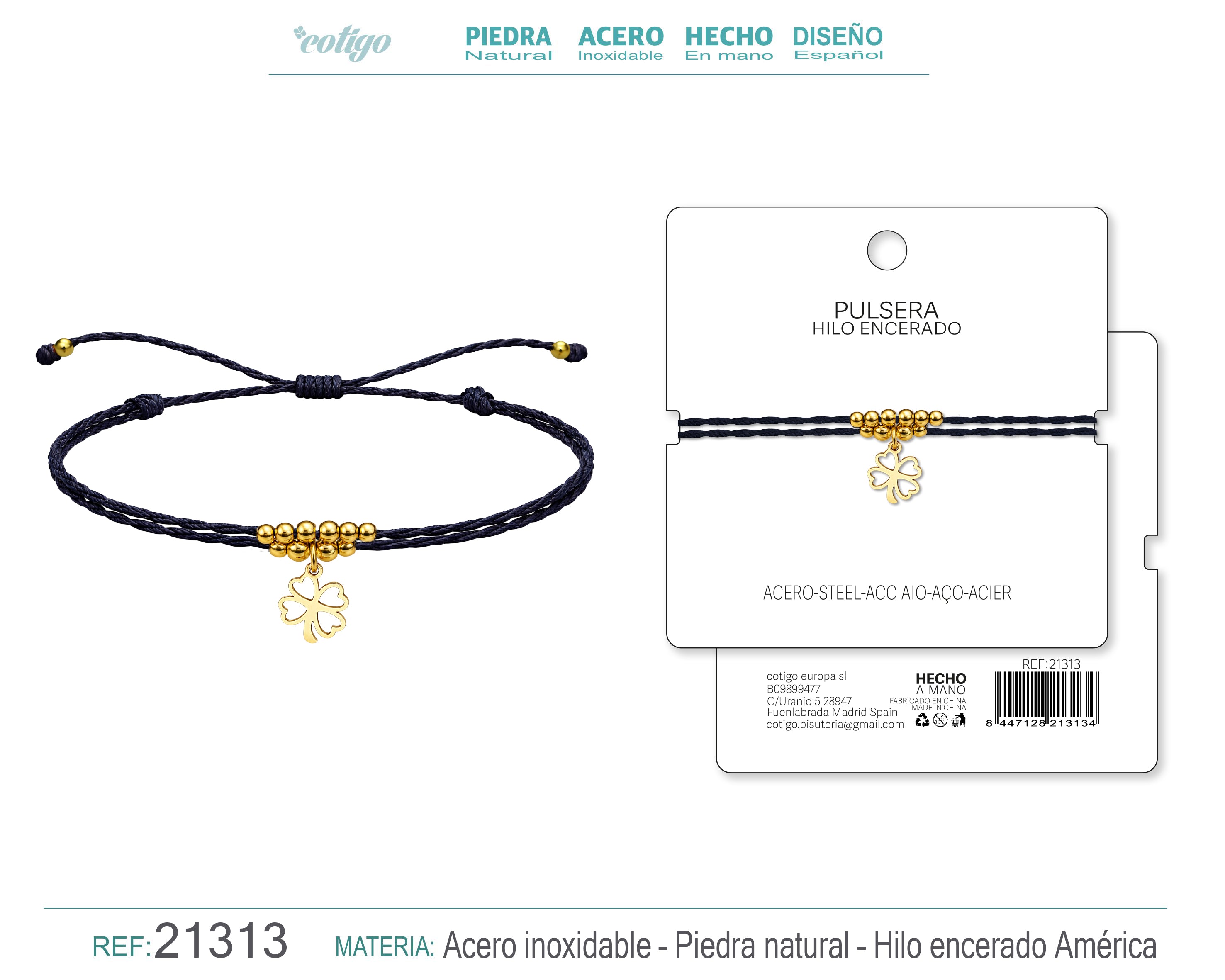 Pulsera Hilo encerado con Colgante Trebol en Acero Dorado cotigo