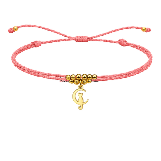 Pulsera Hilo encerado con colgante Gato Acero Dorado