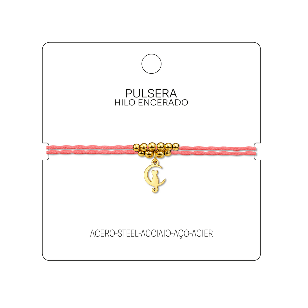 Pulsera Hilo encerado con colgante Gato Acero Dorado cotigo