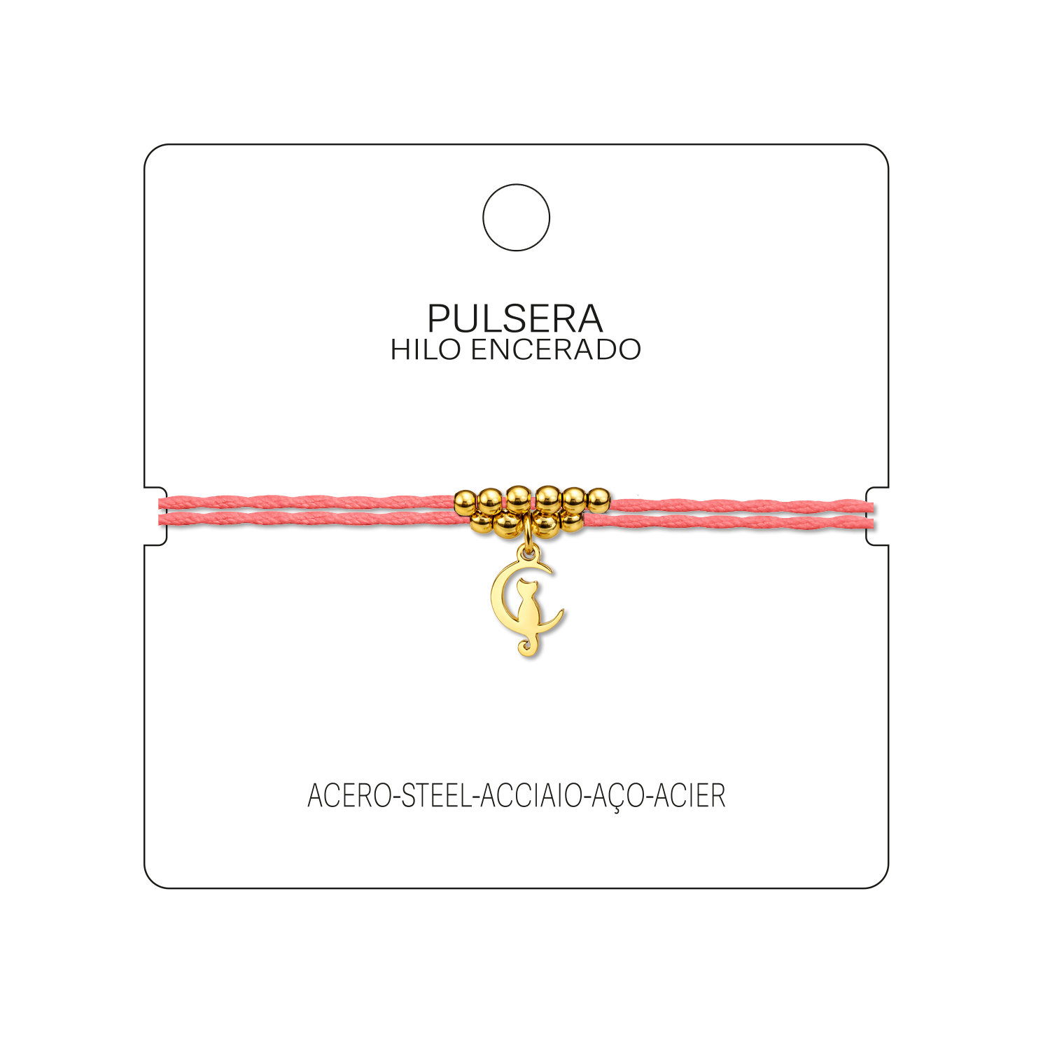 Pulsera Hilo encerado con colgante Gato Acero Dorado cotigo
