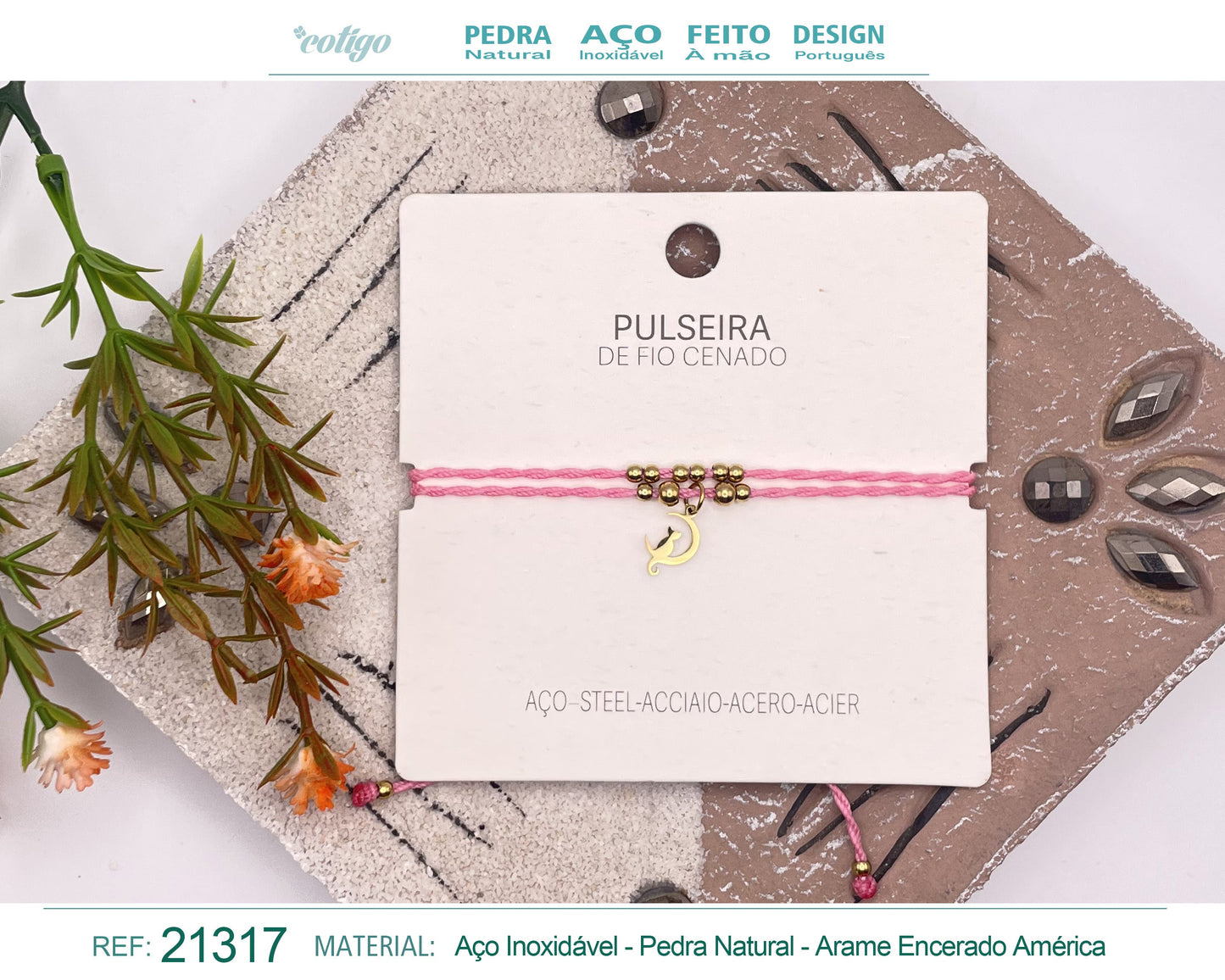 Pulsera Hilo encerado con colgante Gato Acero Dorado