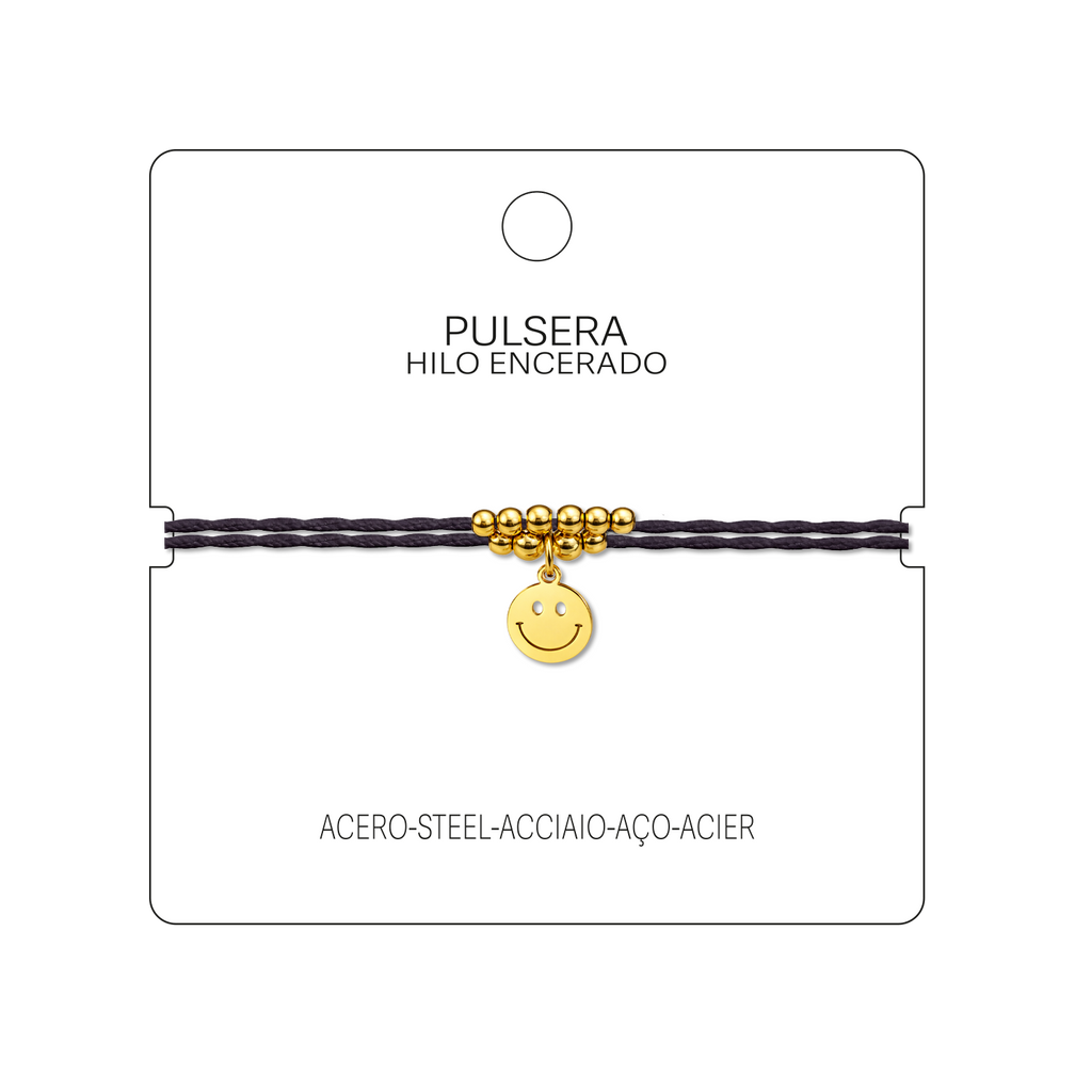 Pulsera Hilo encerado con colgante Cara sonriente Acero Dorado cotigo