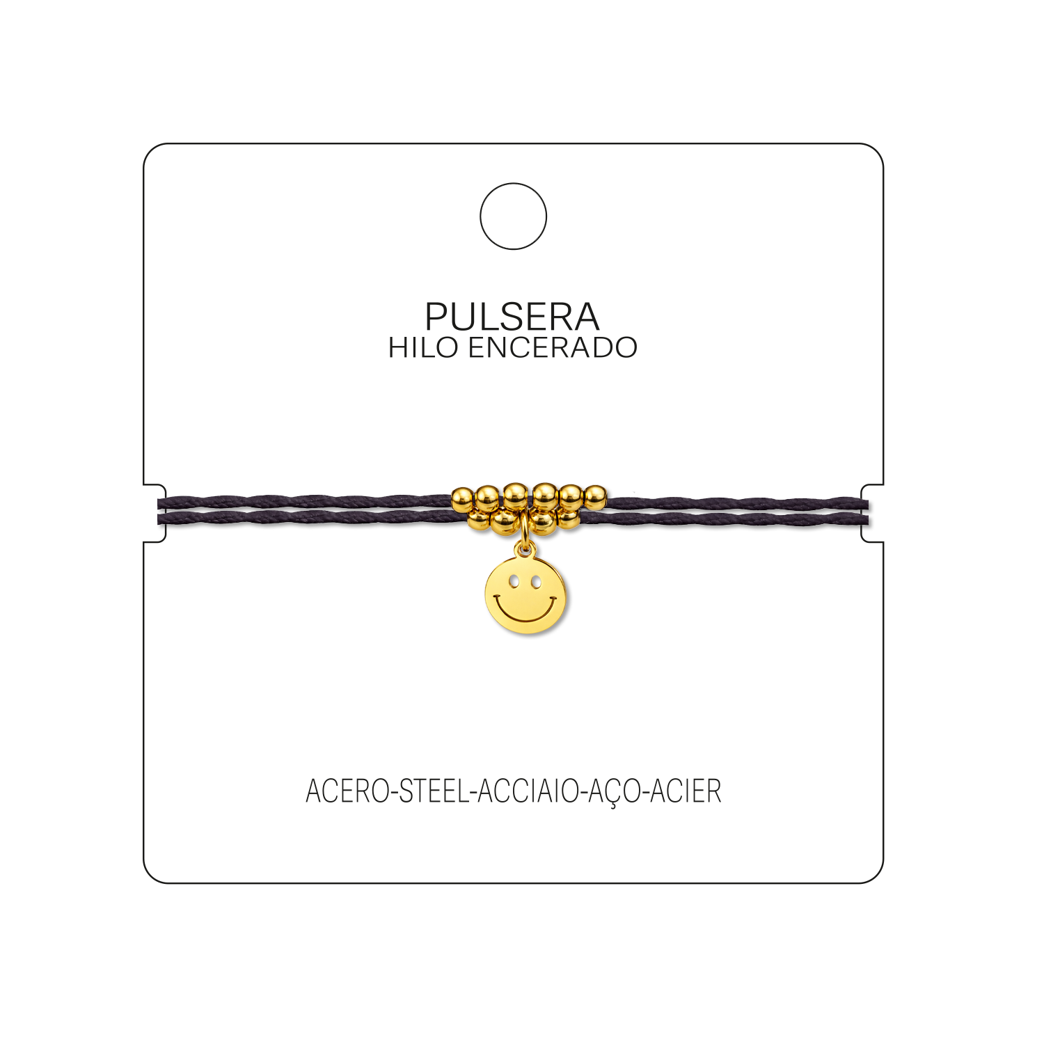 Pulsera Hilo encerado con colgante Cara sonriente Acero Dorado cotigo