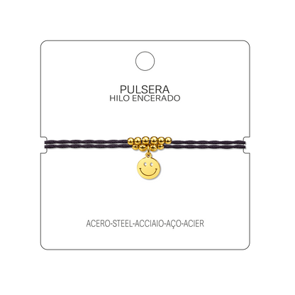 Pulsera Hilo encerado con colgante Cara sonriente Acero Dorado