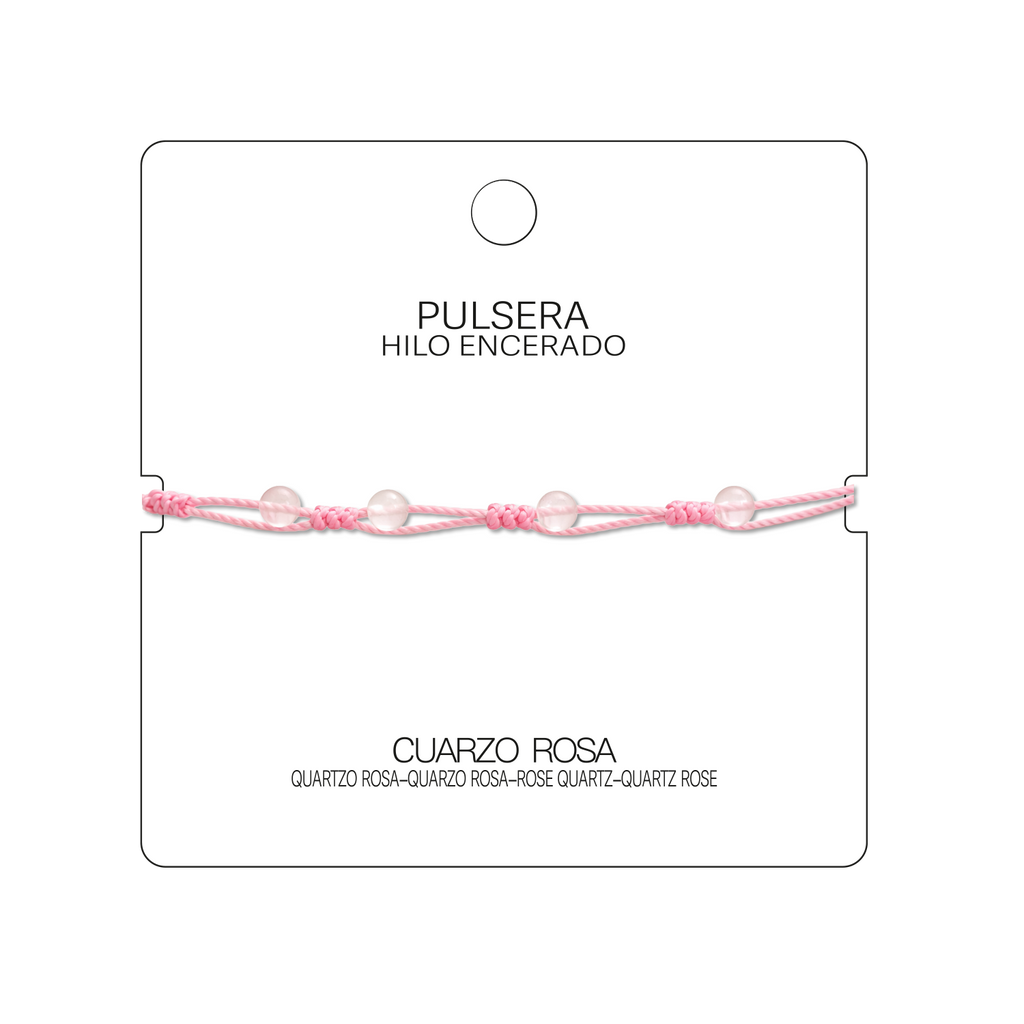 Pulsera Hilo encerado con Cuarzo Rosa - Bolitas minerales cotigo