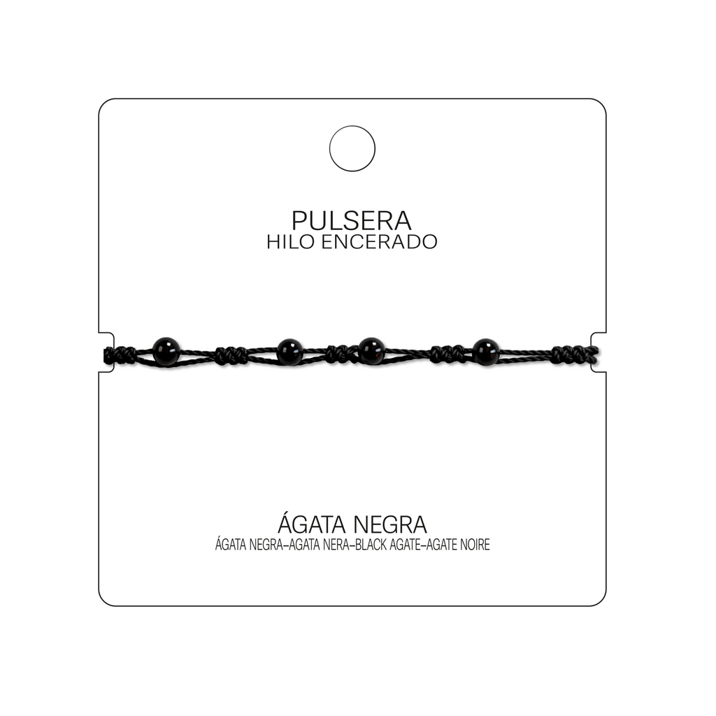 Pulsera Hilo encerado con Agata Negra - Bolitas minerales cotigo