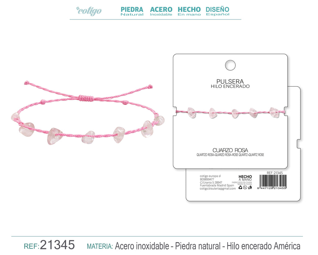 Pulsera Hilo encerado con Cuarzo Rosa - Chips de piedra cotigo