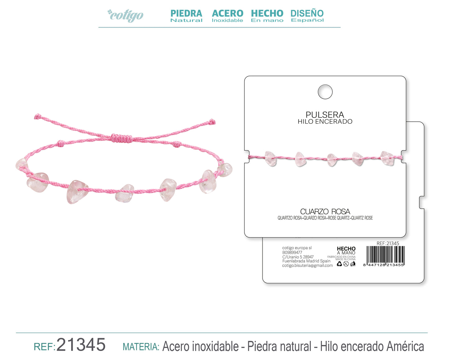 Pulsera Hilo encerado con Cuarzo Rosa - Chips de piedra