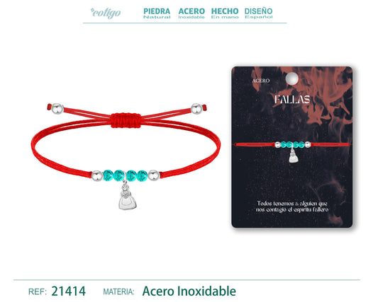 Pulsera Hilo encerado con Fallera Acero Plateado