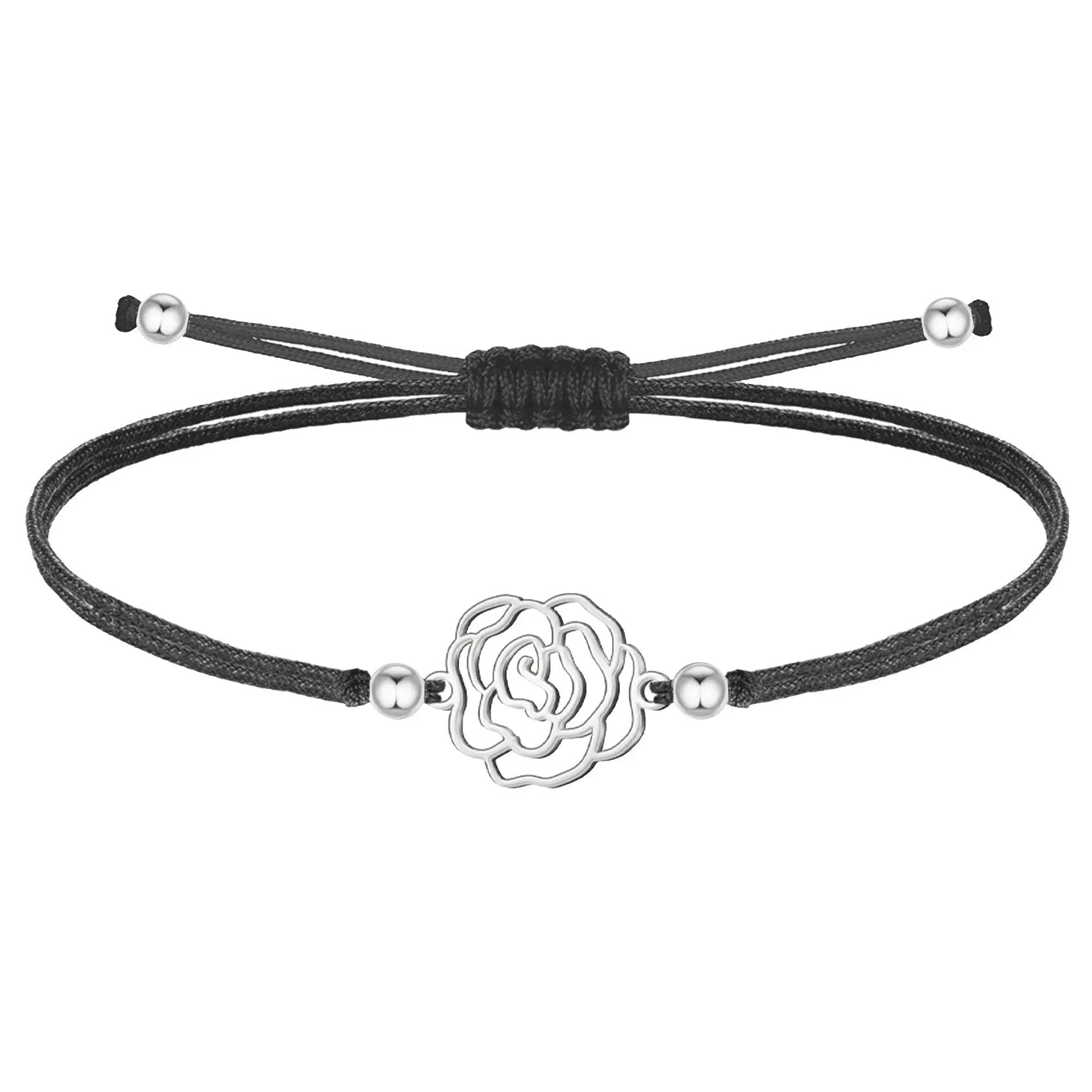 Pulsera flor de clavel con hilo encerado negro y acero plateado