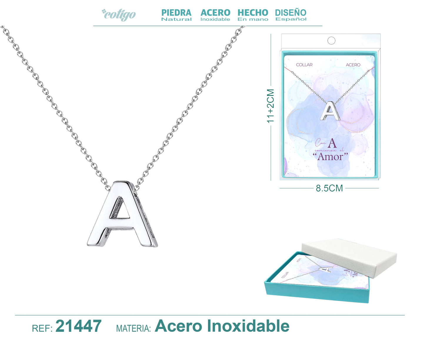 Collar Letra A Acero color Plateado