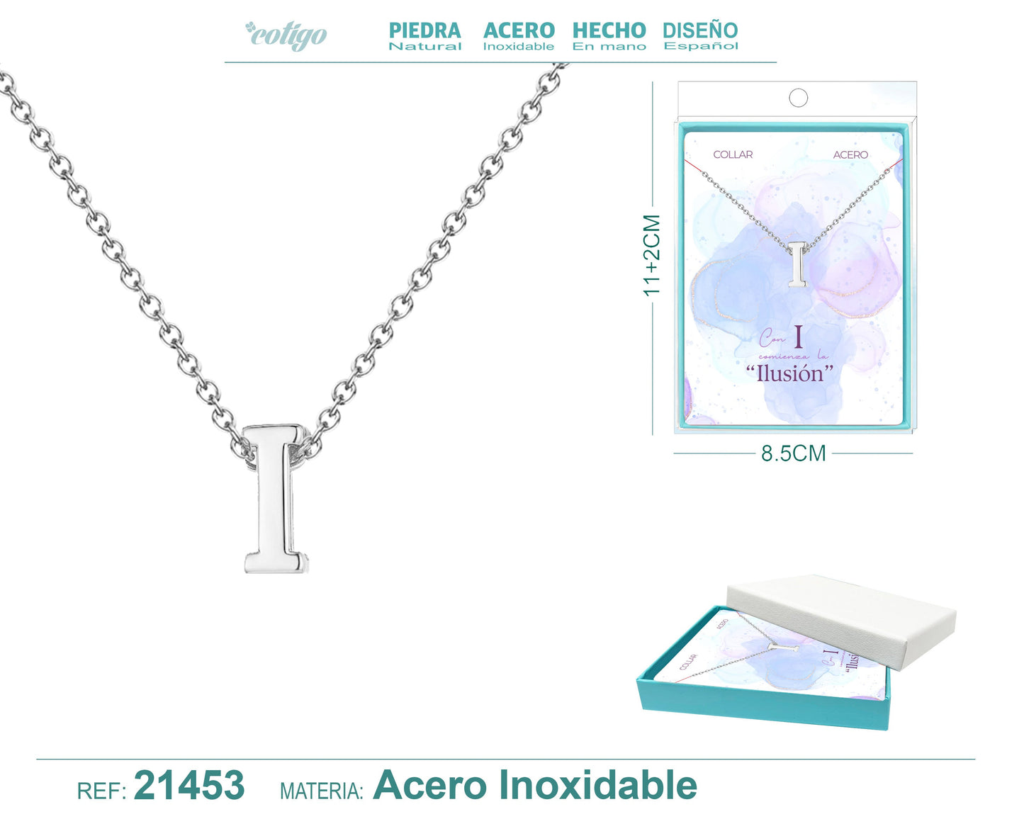 Collar Letra I Acero color Plateado