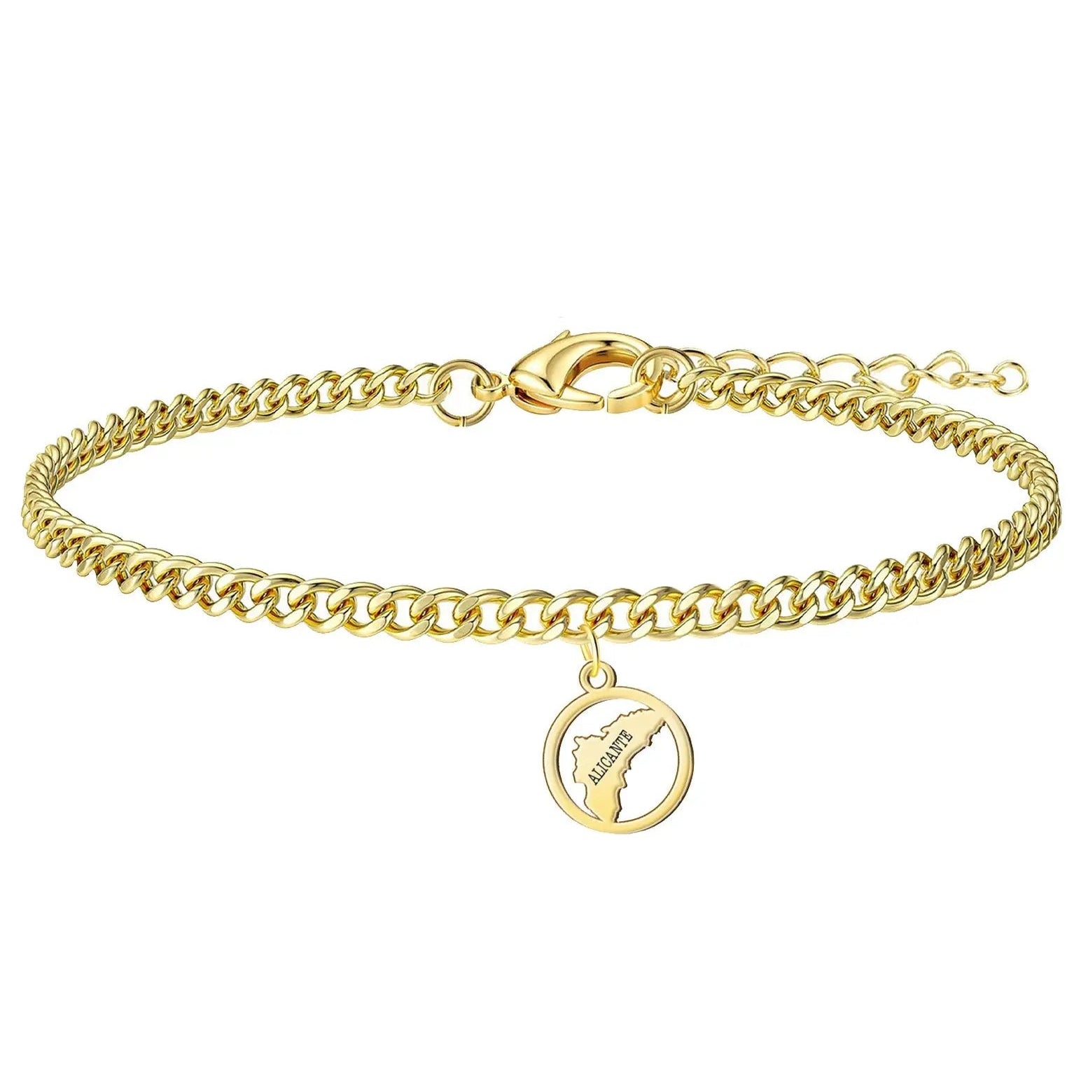 Pulsera mapa Alicante en acero dorado con colgante redondo