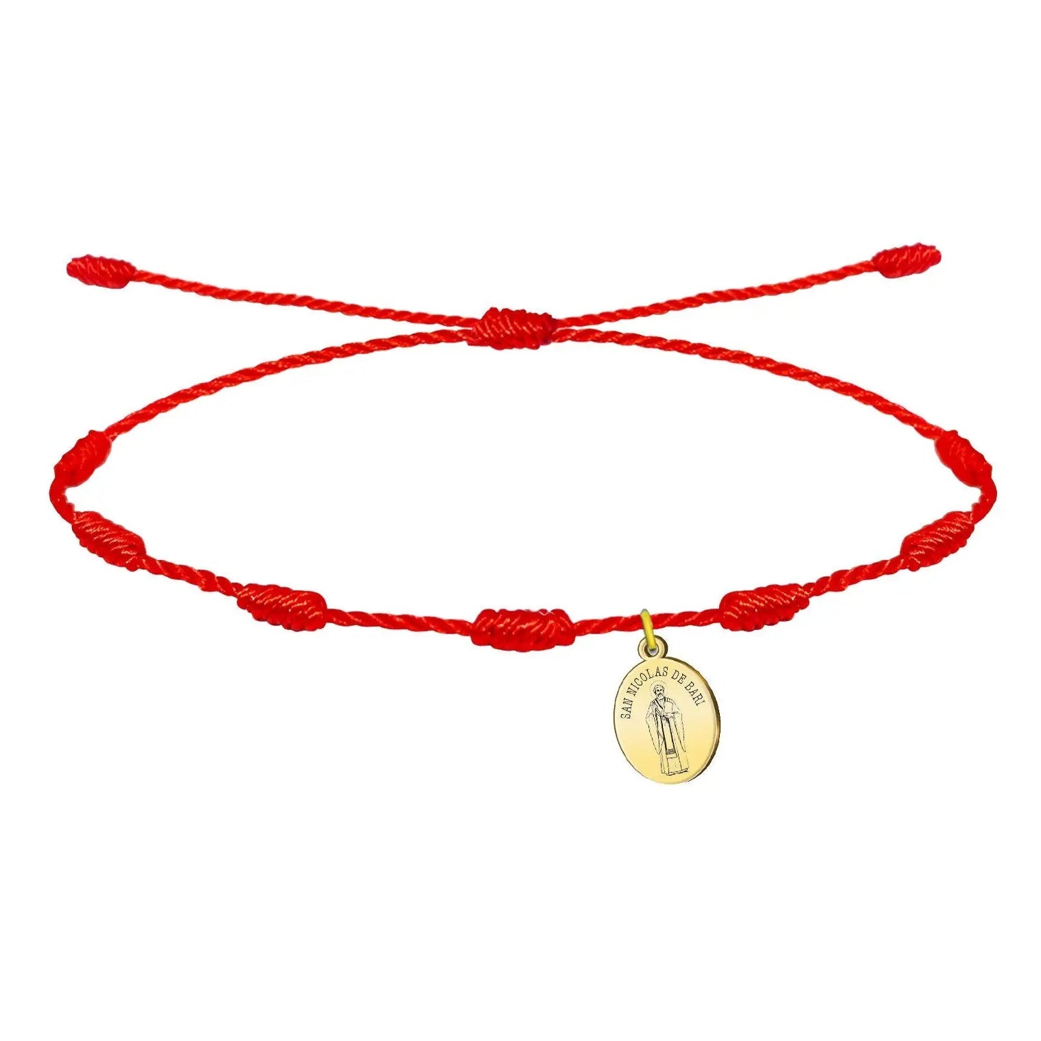 Pulsera roja de 7 nudos con medalla de San Nicolás de Bari en acero dorado