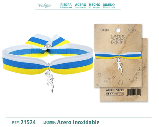 Pulsera cinta Bandera Canarias con colgante Lagarto Acero Plateado