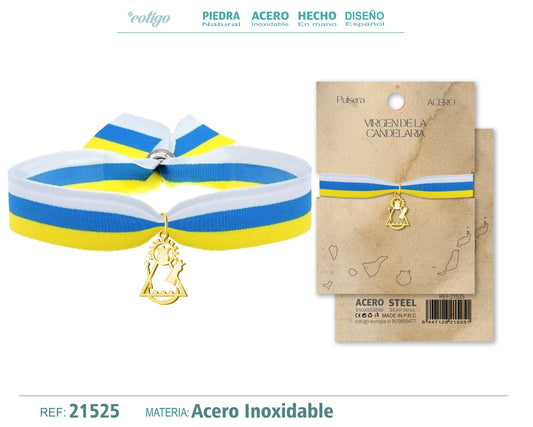 Pulsera cinta Bandera Canarias con colgante Virgen de la Candelaria Acero Dorado