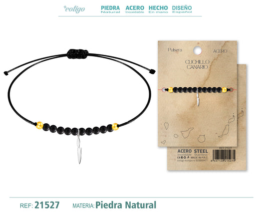 Pulsera piedra volcanica con colgante Cuchillo Canario Acero Plateado