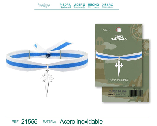 Pulsera Bandera Galicia con colgante Cruz santiago Acero Plateado