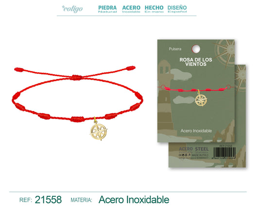 Pulsera 7 nudos con Colgante Rosa de los Vientos Acero Dorado