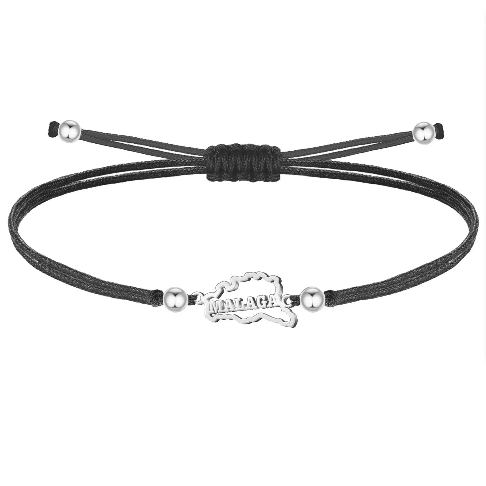 Pulsera Hilo Negro con Mapa de Málaga en Acero Plateado