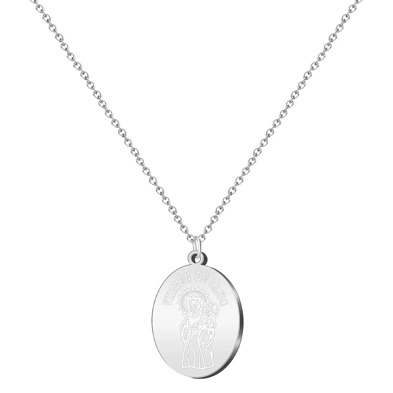Colgante Virgen de Lluc en acero plateado con cadena fina