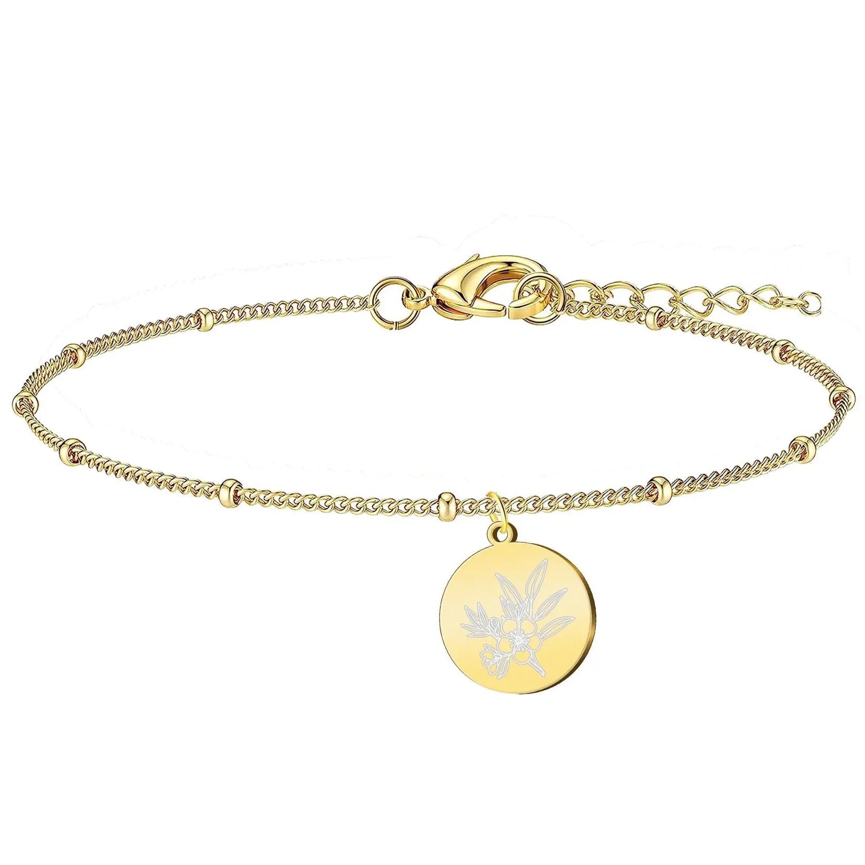 Pulsera flor de almendro en acero dorado con medalla redonda