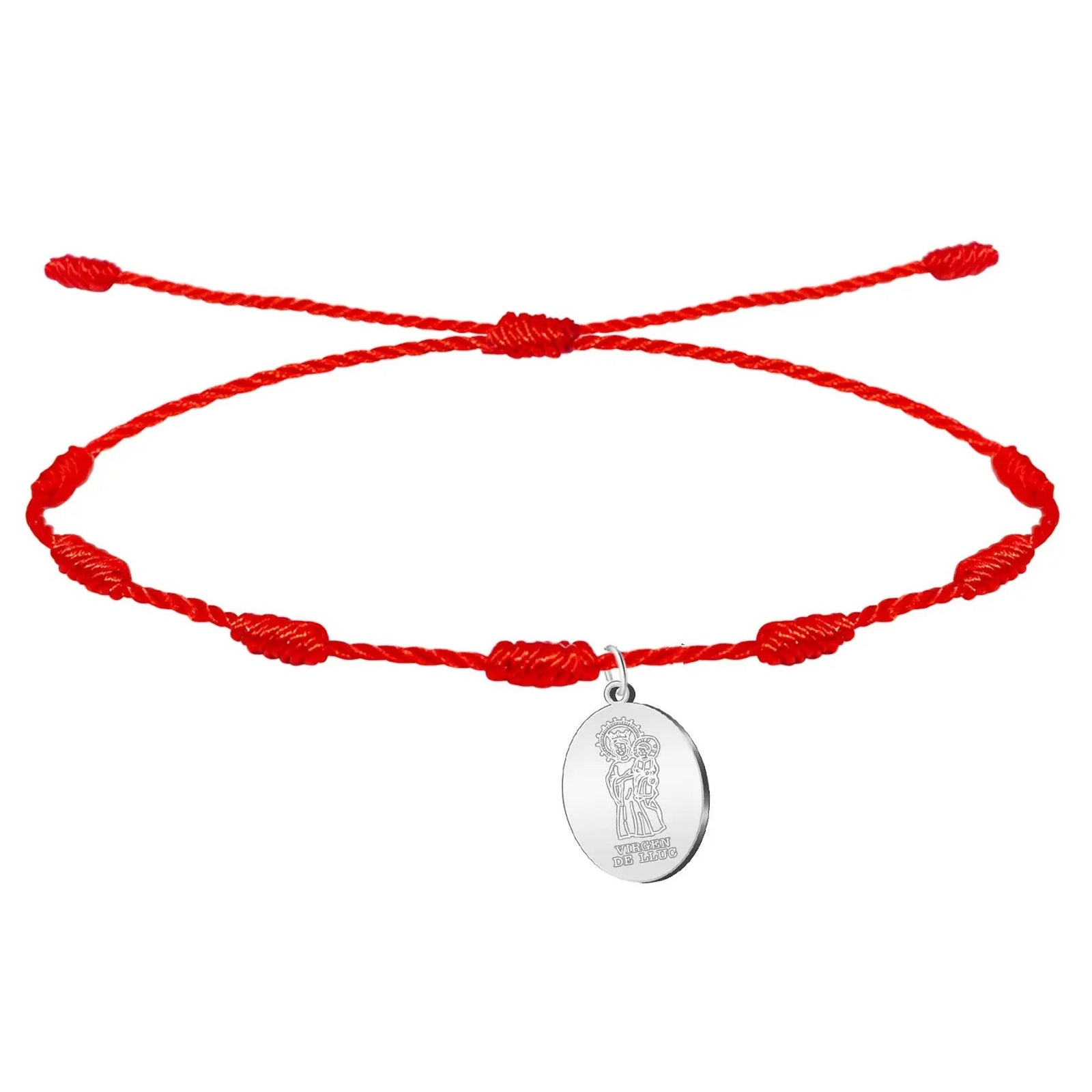 Pulsera 7 nudos roja con Virgen de Lluc en acero plateado