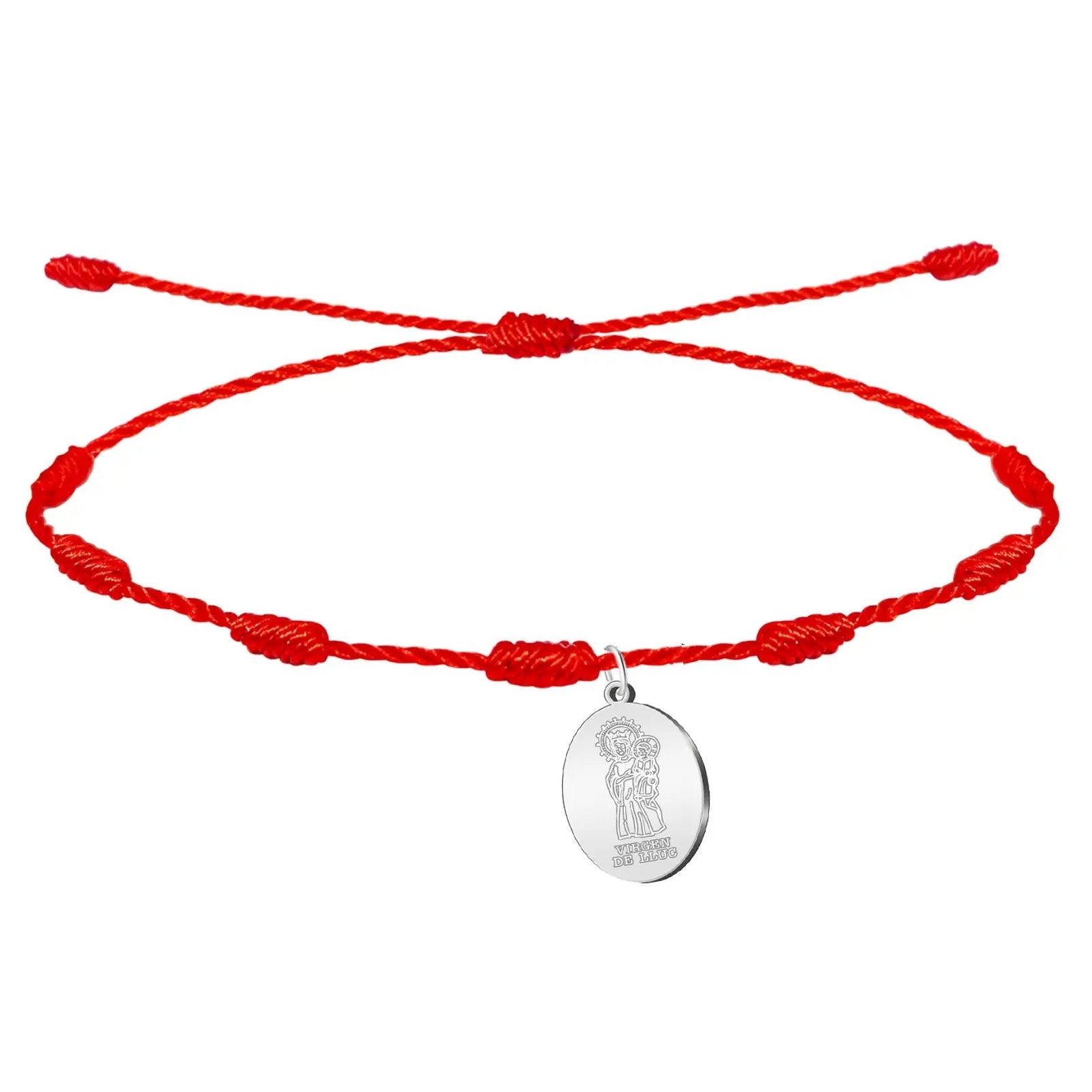Pulsera 7 nudos roja con Virgen de Lluc en acero plateado