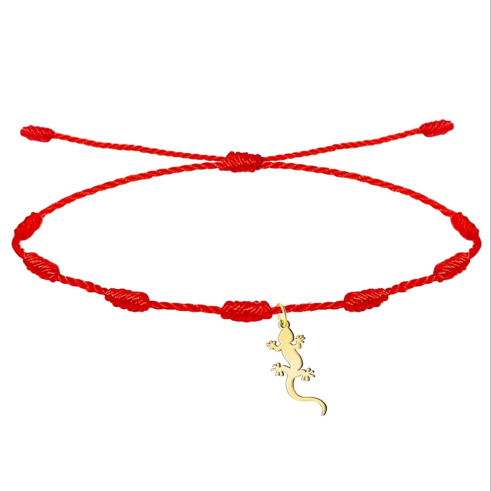 Pulsera de hilo rojo ajustable con charm de salamanquesa dorada