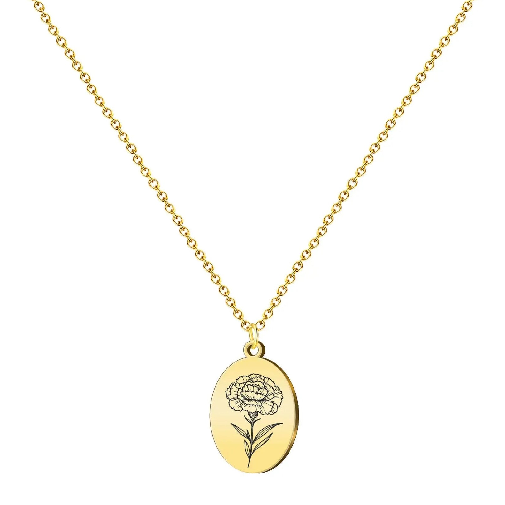 Colgante clavel en acero inoxidable dorado con diseño floral grabado