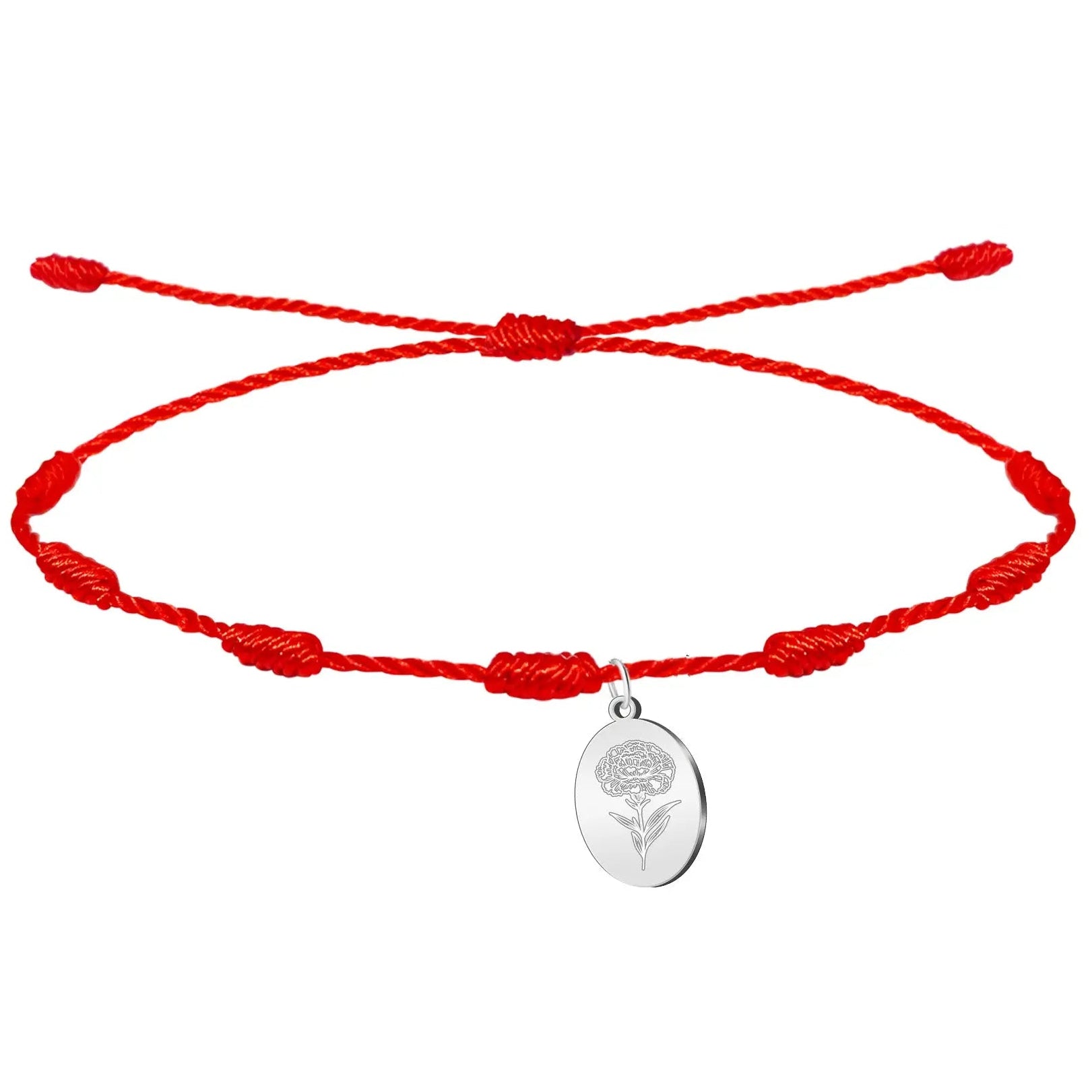 Pulsera de 7 nudos roja con clavel en acero inoxidable plateado