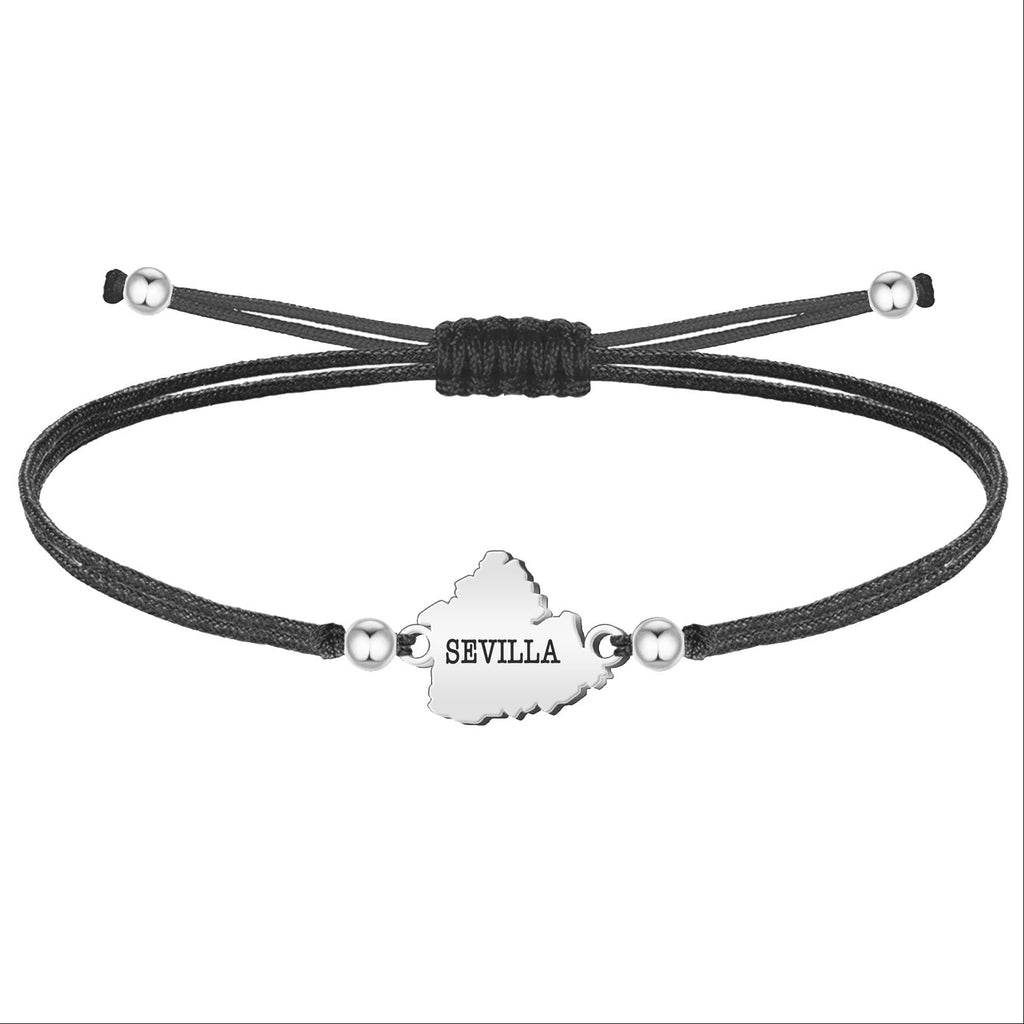 Pulsera de Hilo Encerado con Mapa de Sevilla en Acero Inoxidable – vista principal