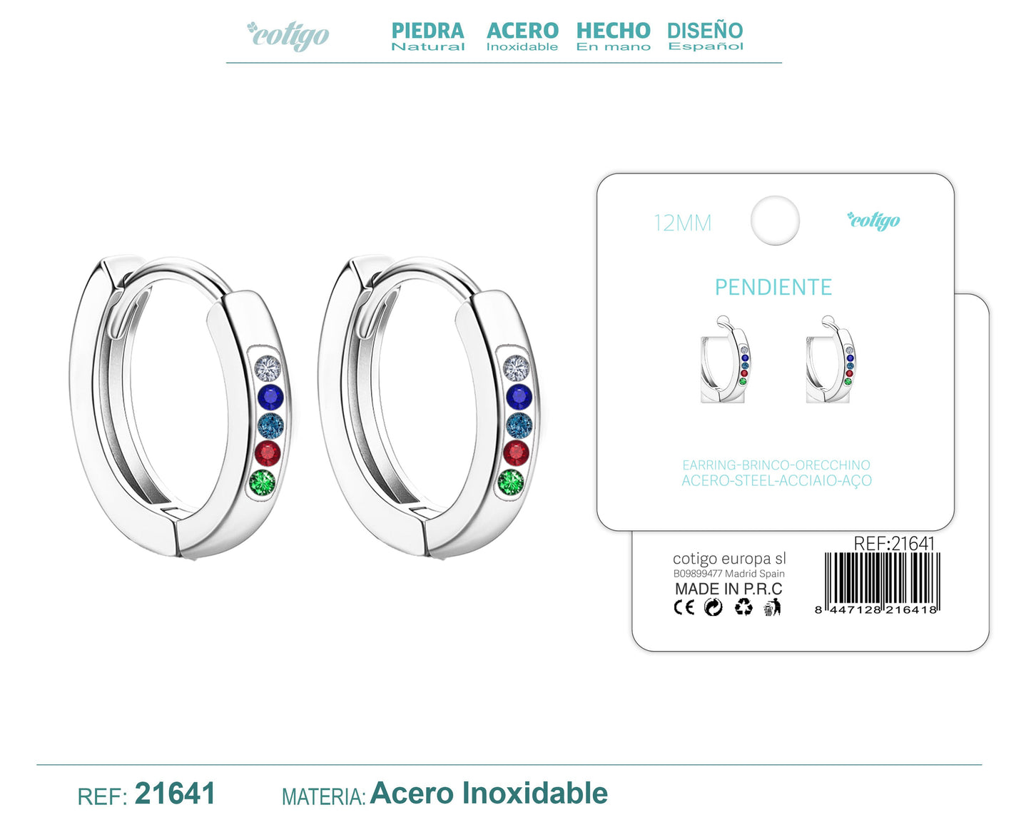 Aro acero 12mm Plateado con Circonita colores