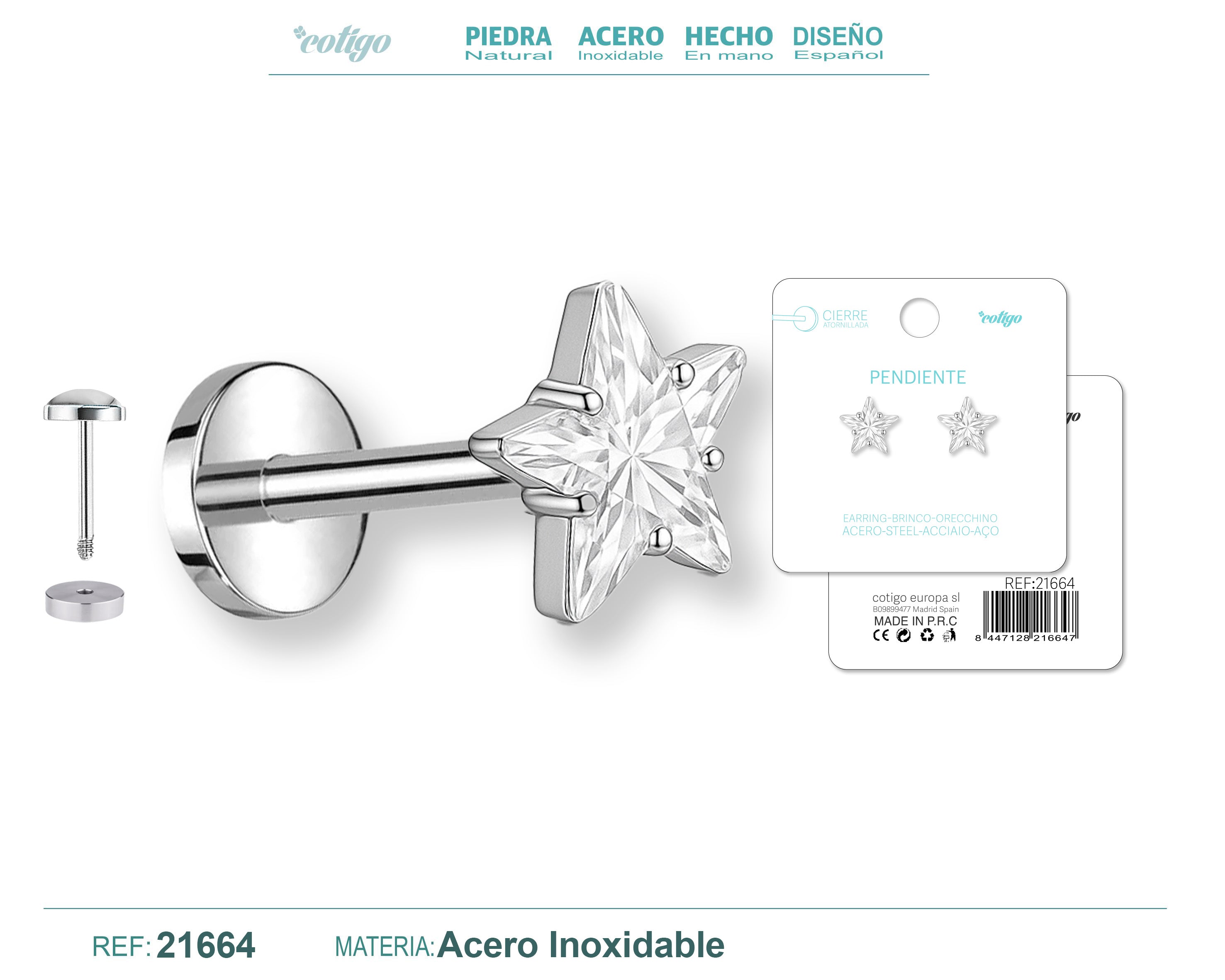 Pendientes de Estrella Tallada con Cierre de Rosca en Acero Inoxidable – vista principal