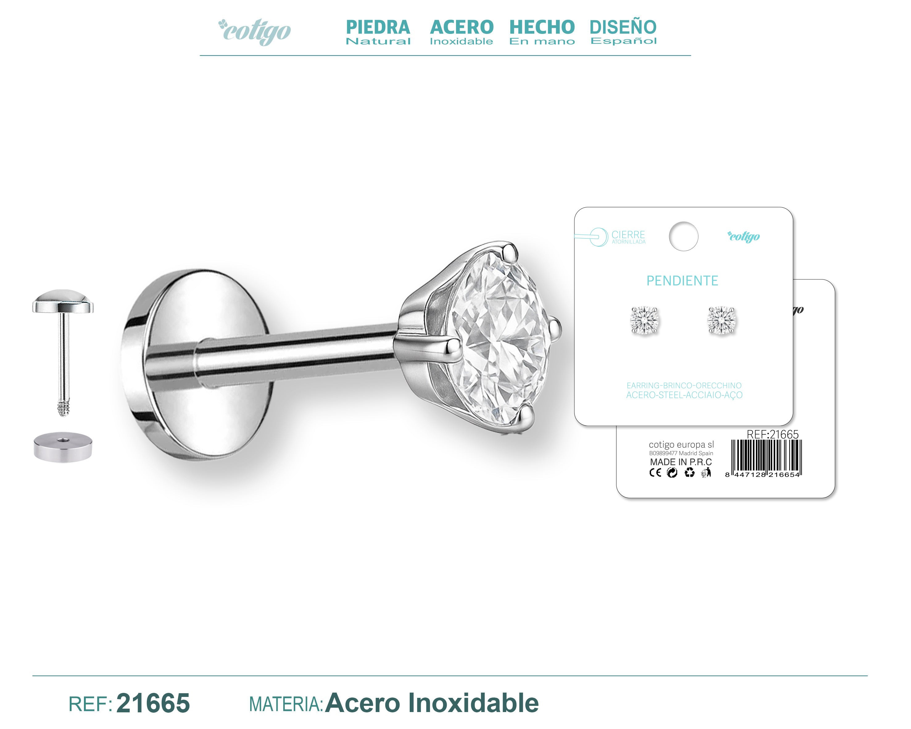 Pendientes de Circonita Redonda con Cierre de Rosca en Acero Inoxidable – vista principal