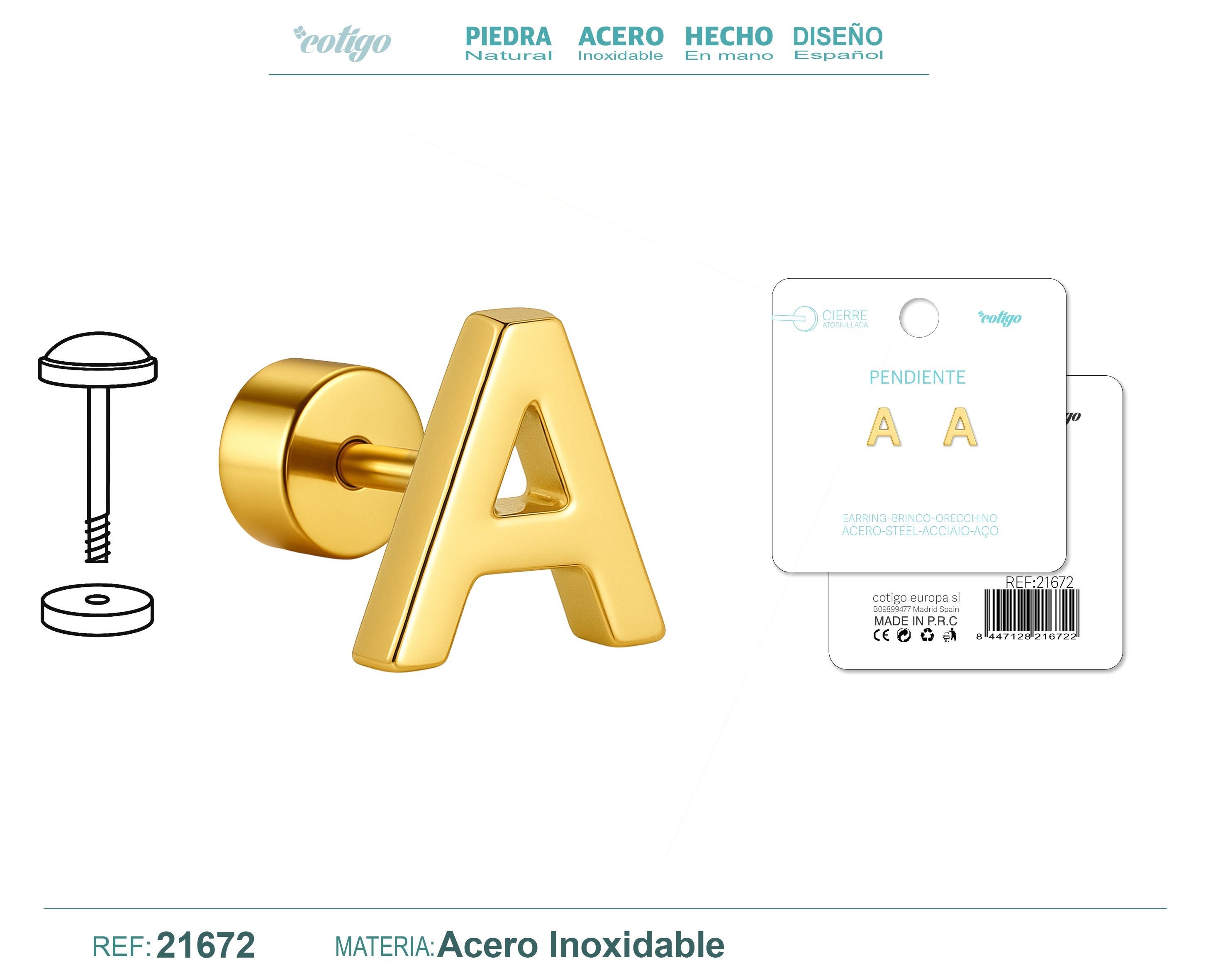 Pendientes de Inicial con Cierre de Rosca en Acero Inoxidable en acabado dorado – vista principal