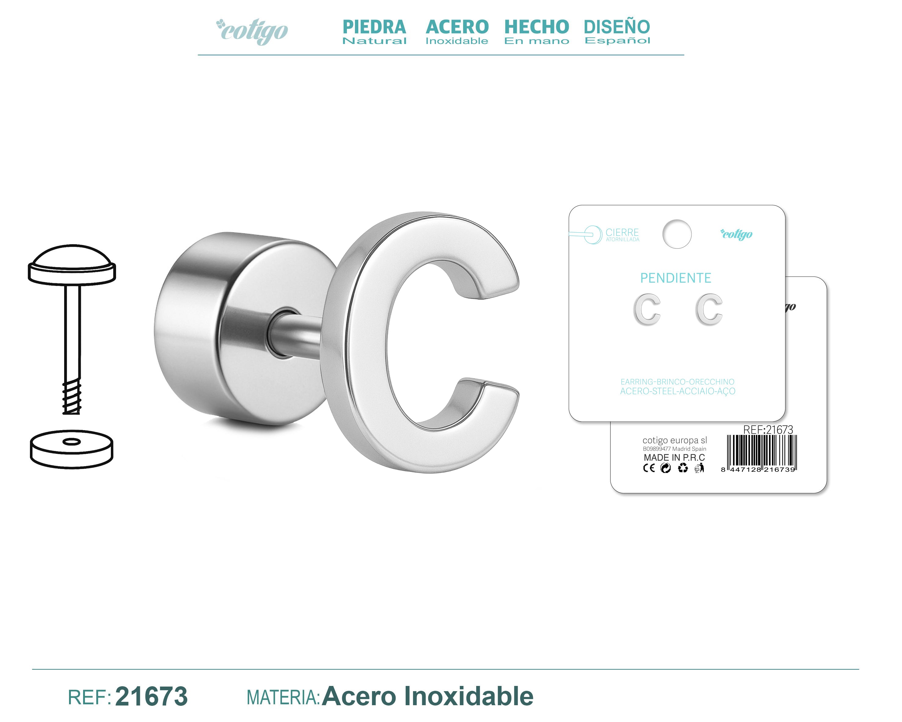 Pendientes de Inicial con Cierre de Rosca en Acero Inoxidable en acabado plateado – detalle 2