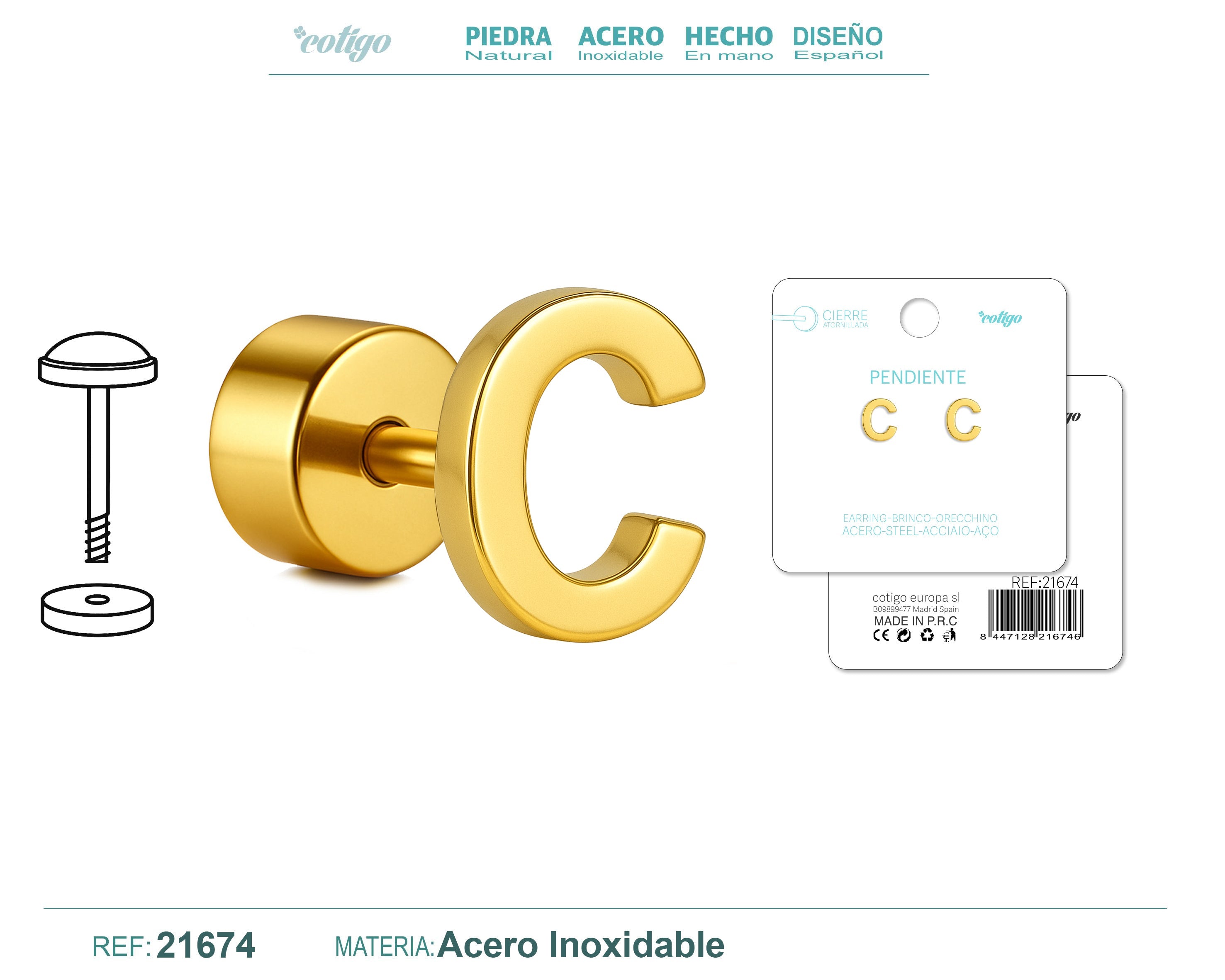 Pendientes de Inicial con Cierre de Rosca en Acero Inoxidable en acabado dorado – detalle 2