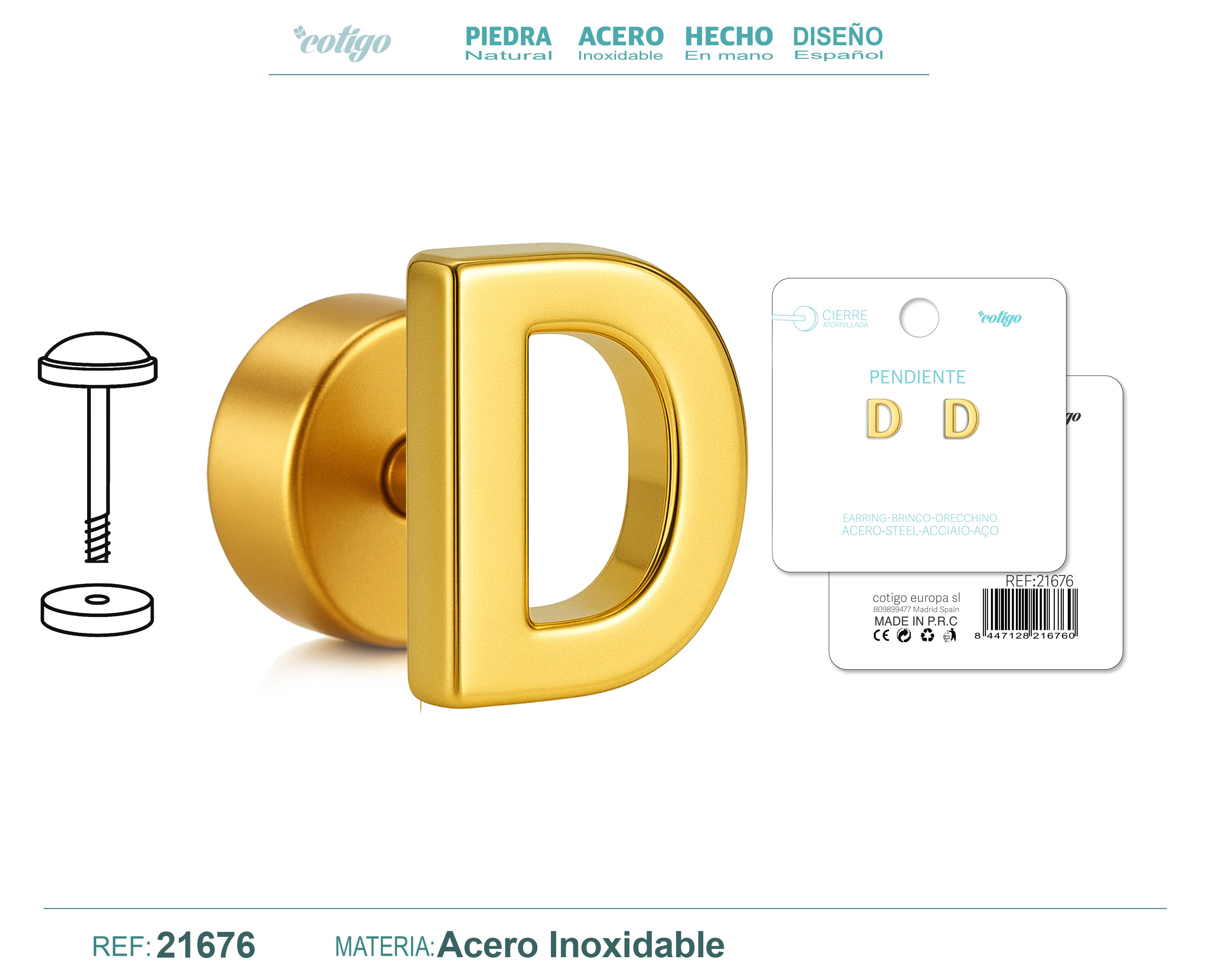 Pendientes de Inicial con Cierre de Rosca en Acero Inoxidable en acabado dorado – detalle 3