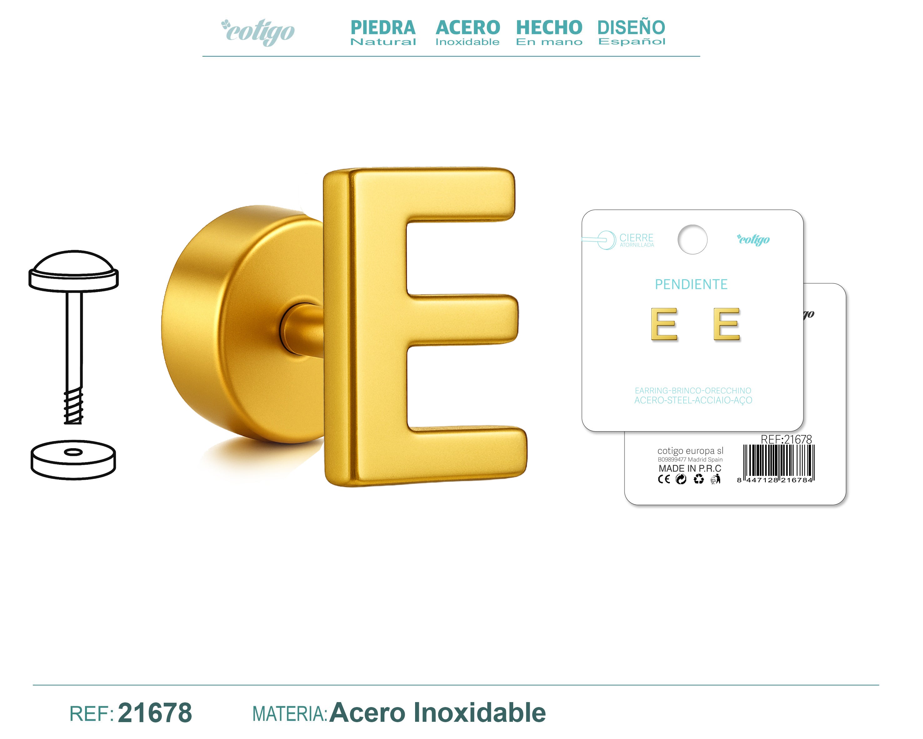 Pendientes de Inicial con Cierre de Rosca en Acero Inoxidable en acabado dorado – detalle 4