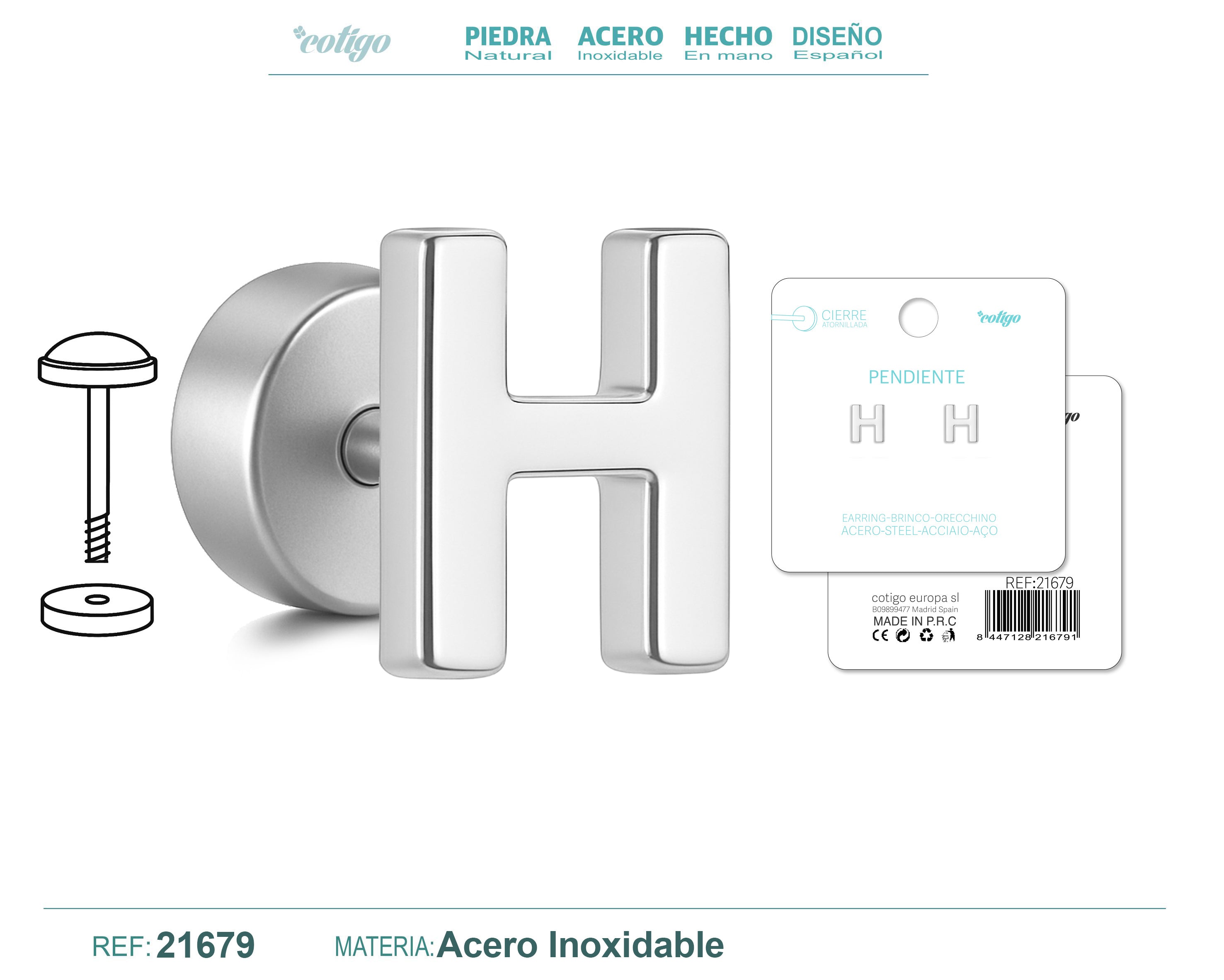 Pendientes de Inicial con Cierre de Rosca en Acero Inoxidable en acabado plateado – detalle 5