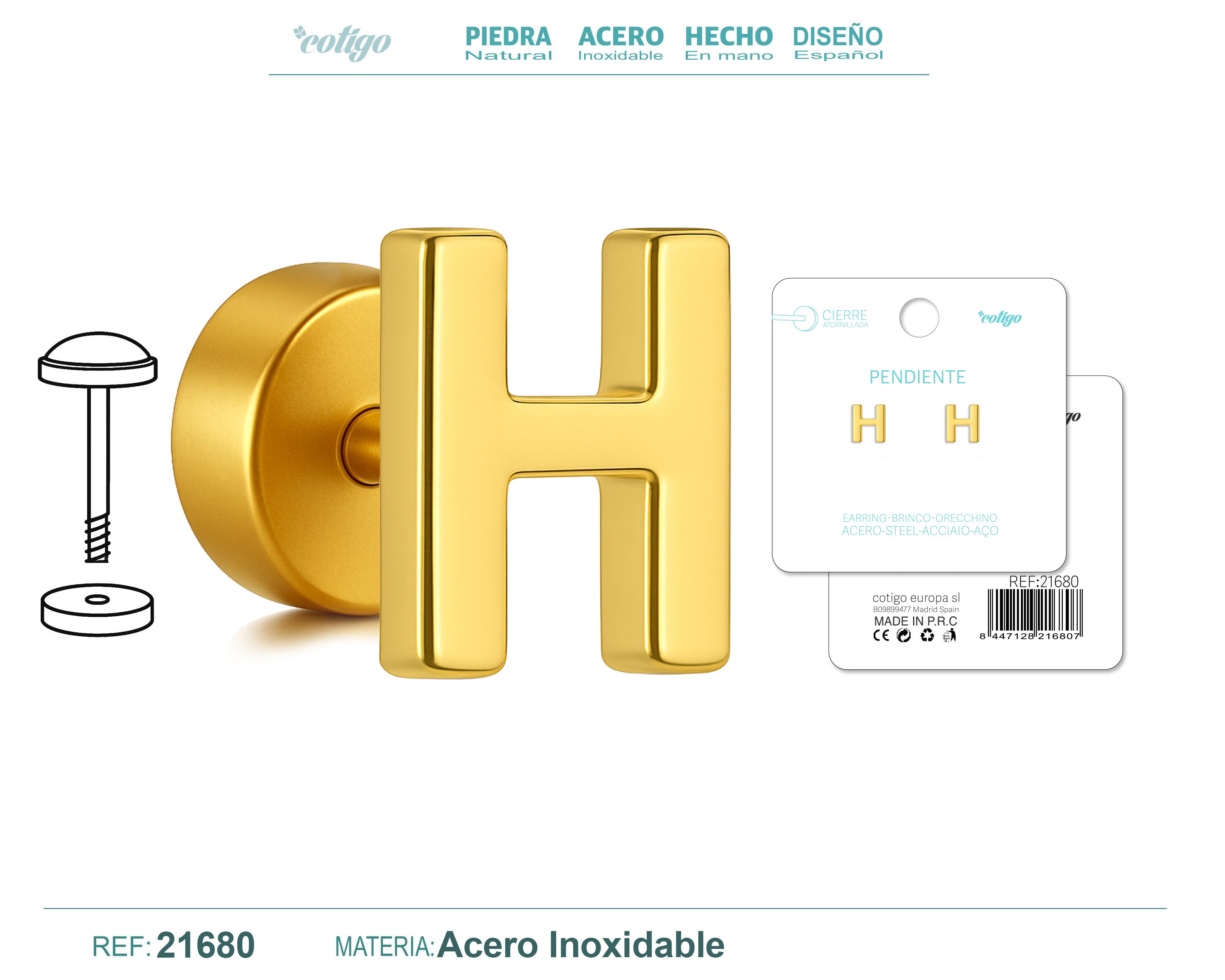 Pendientes de Inicial con Cierre de Rosca en Acero Inoxidable en acabado dorado – detalle 5