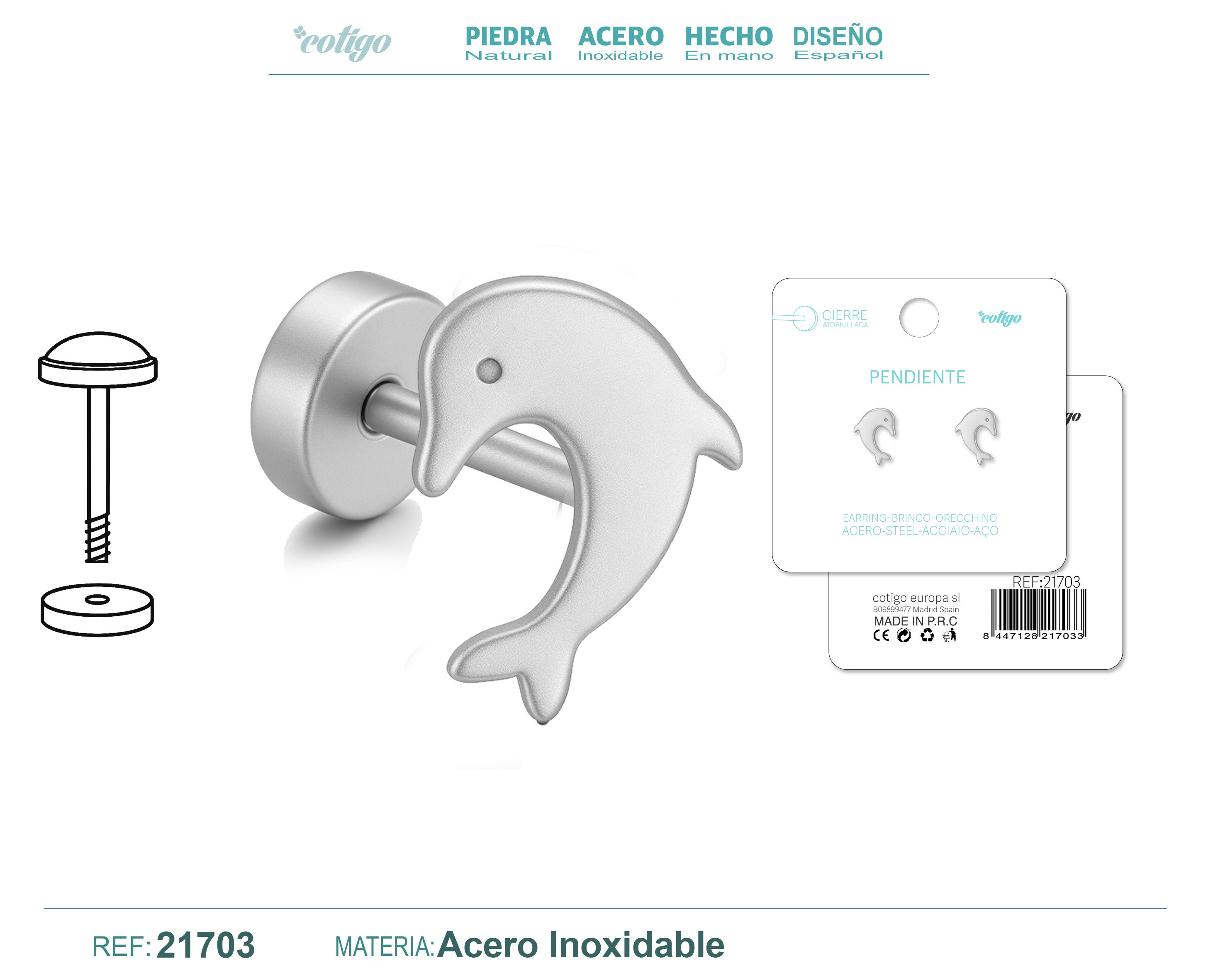 Pendientes de Delfín con Cierre de Rosca en Acero Inoxidable – vista principal del diseño delfín con cierre de rosca