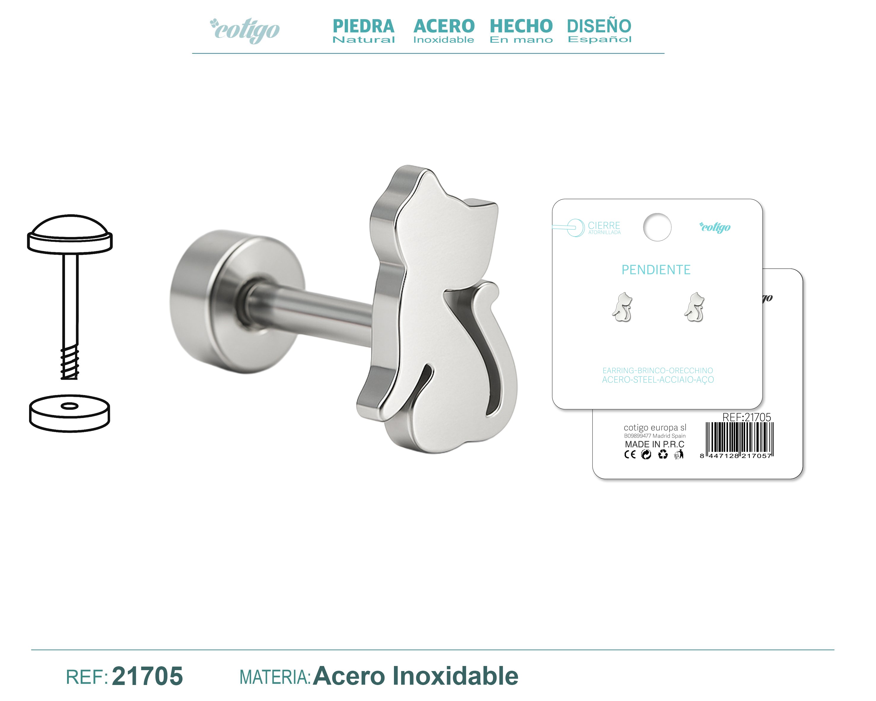 Pendientes de Gato con Cierre de Rosca en Acero Inoxidable – vista principal del diseño gato con cierre de rosca