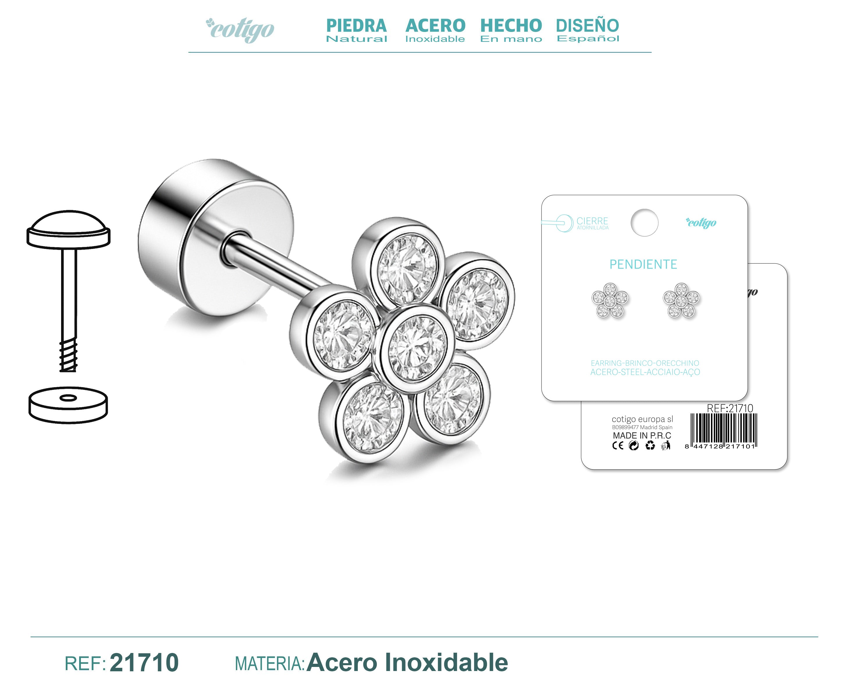 Pendientes de Flor con Circonitas con Cierre de Rosca en Acero Inoxidable – vista principal