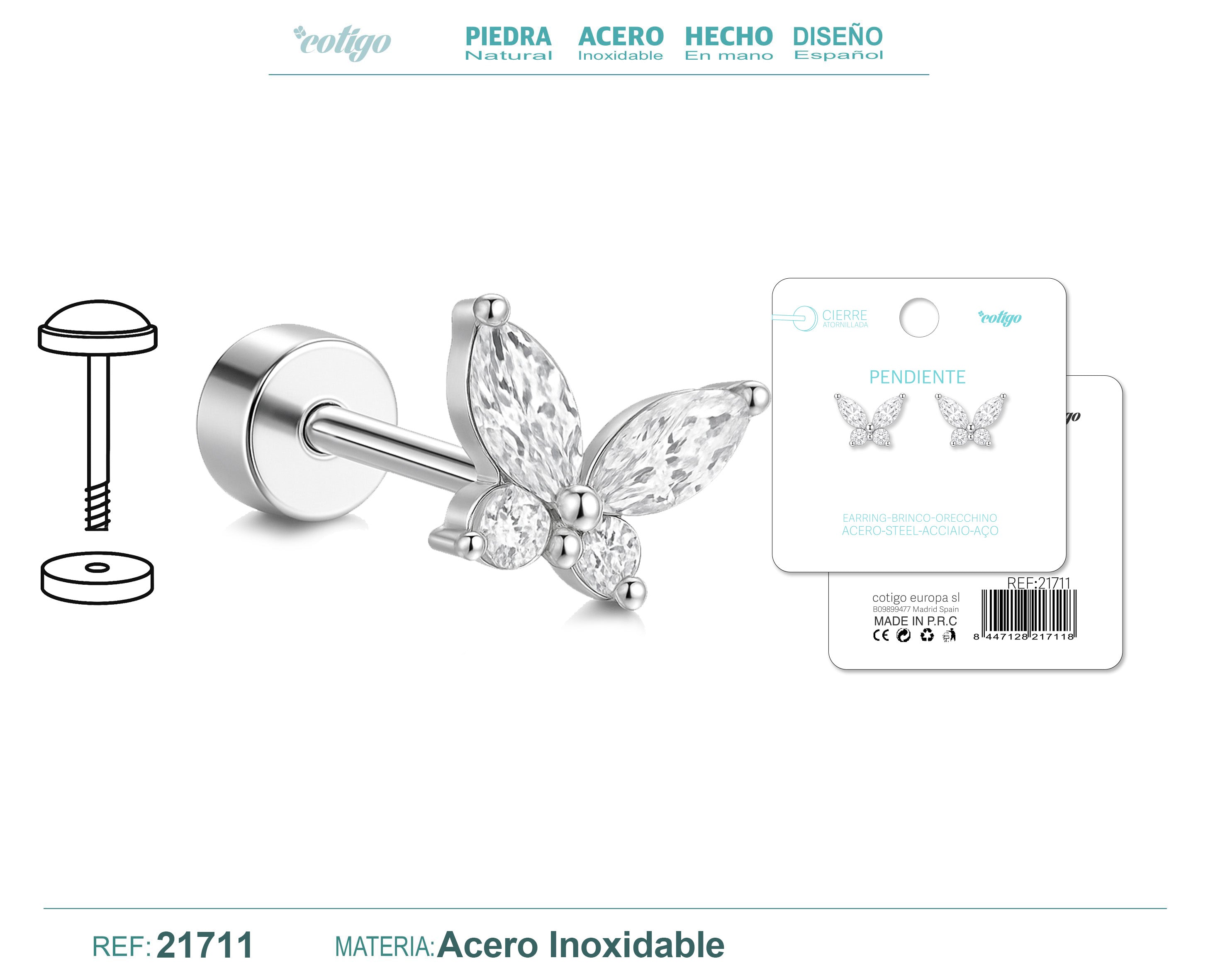 Pendientes Mariposa con Circonitas y Cierre de Rosca en Acero Inoxidable – vista principal
